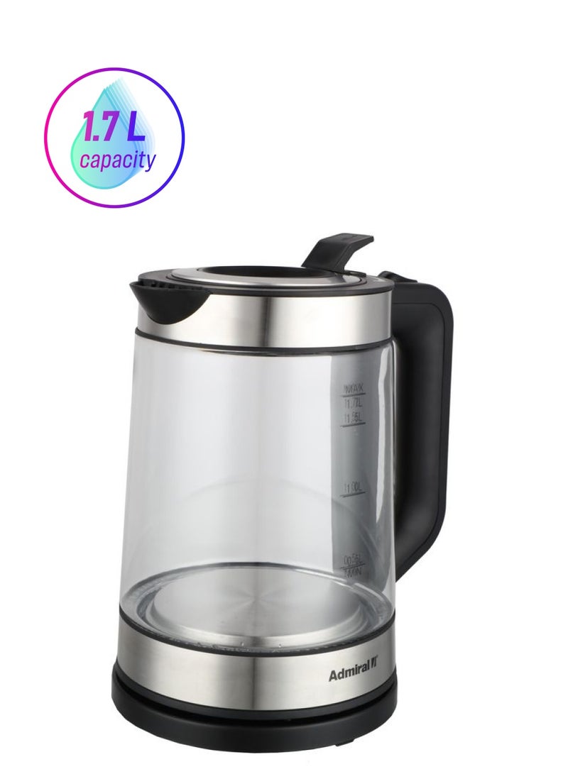 Admiral 1.7L 360° Glass Electric Kettle with Stainless Steel Heater, LED Indicator, Manual Lid & Heat Plate – 2200W, 220-240V, 1-Year Warranty – Model ADKT170GSSH 1.7 L 220 W ADKT170GSSH Glass - Image 1