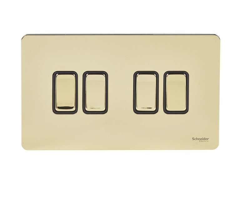Schneider Electric Ultimate Screwless Flat Plate Switch - 4 Gang Brass - Image 1