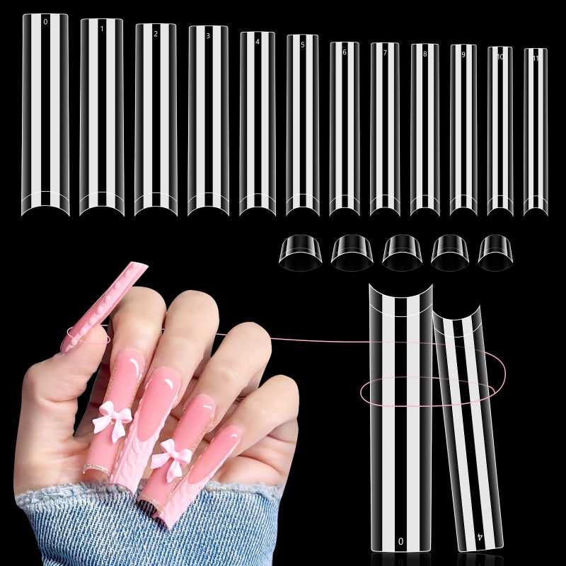 504 PCS No C Curve Clear Nail Tips for Acrylic Nails Professional 3XL Extra Long 12 Sizes Half Cover Straight Tapered Square French Fake Nail Tips for Nail Salons Home DIY