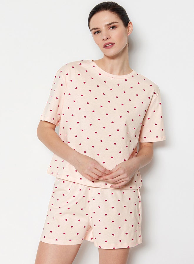 trendyol Light Pink 100% Cotton Heart Patterned T-shirt-Shorts Knitted Pajamas Set THMSS21PT1485 - Image 1