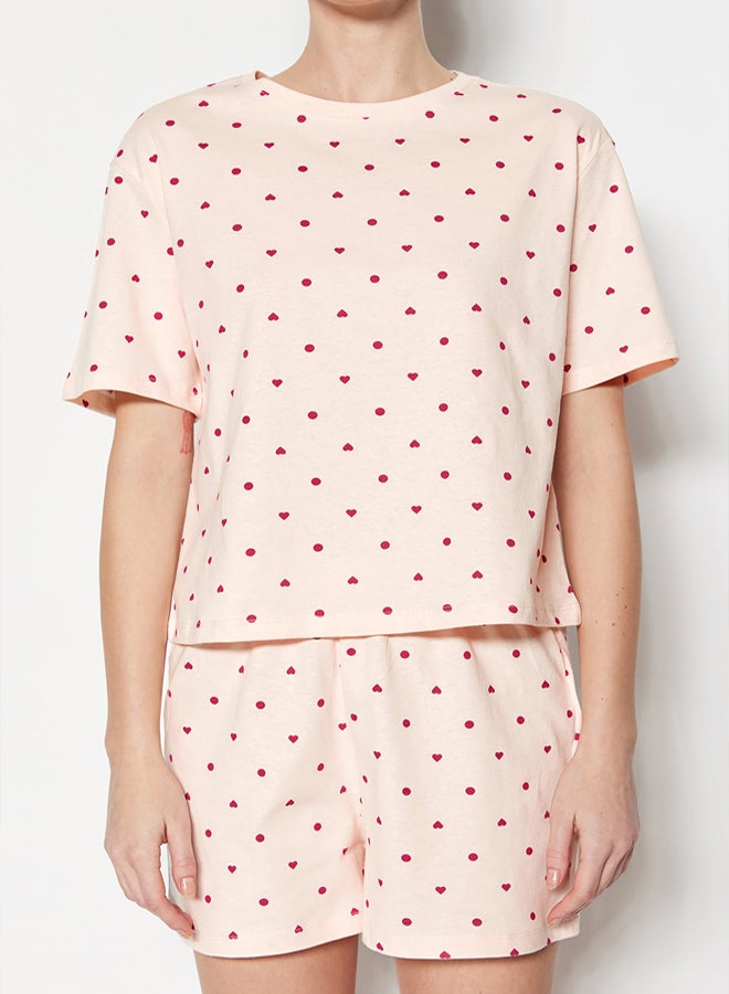 trendyol Light Pink 100% Cotton Heart Patterned T-shirt-Shorts Knitted Pajamas Set THMSS21PT1485 - Image 3