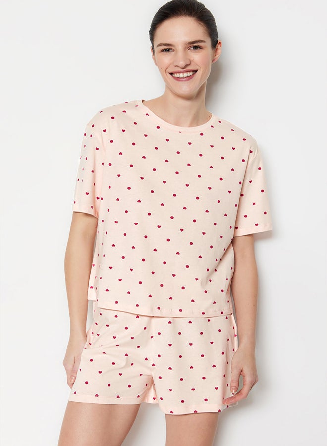 trendyol Light Pink 100% Cotton Heart Patterned T-shirt-Shorts Knitted Pajamas Set THMSS21PT1485 - Image 2
