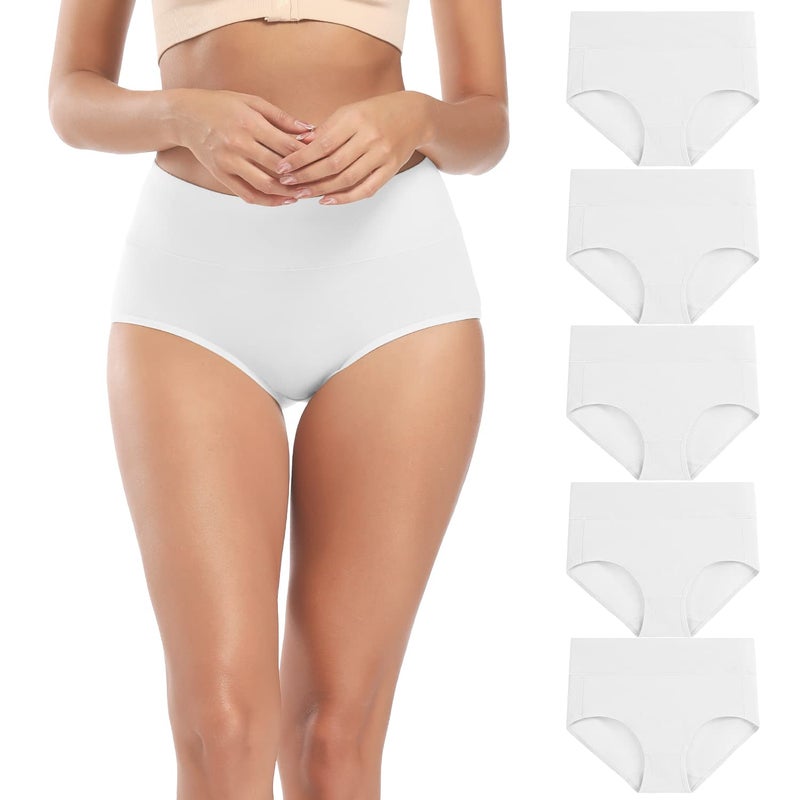 Molasus Women's Soft Cotton Underwear Briefs High Waisted Postpartum Panties Ladies Full Coverage Plus Size Underpants Pack of 5,White,Large - Image 1