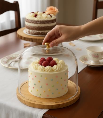 RIGJAK Wood Cake Stand with Acrylic Dome Lid Decorative Cake Display Plate Serving Platter Tray Dessert Stand, Cupcake Holder Cheese Dome with Base for Home Kitchen Baking Use as Salad Punch Bowl - Image 5