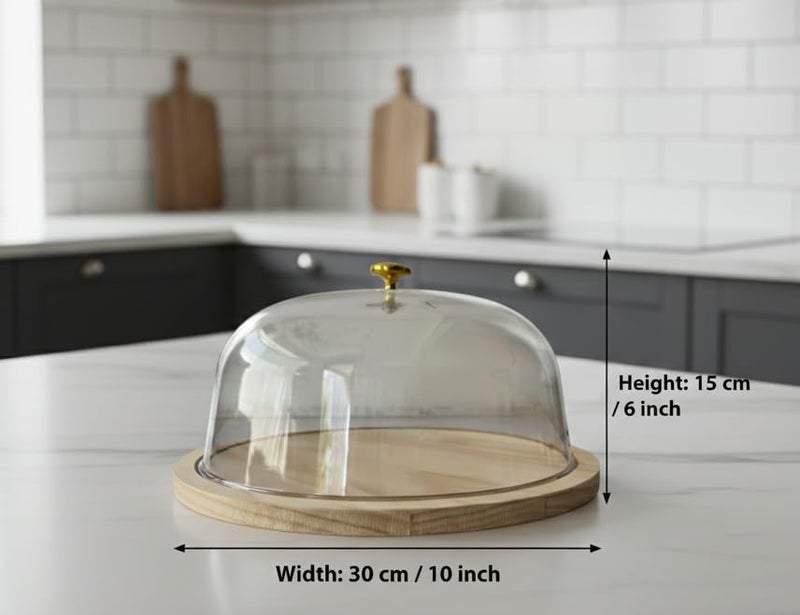 RIGJAK Wood Cake Stand with Acrylic Dome Lid Decorative Cake Display Plate Serving Platter Tray Dessert Stand, Cupcake Holder Cheese Dome with Base for Home Kitchen Baking Use as Salad Punch Bowl - Image 2