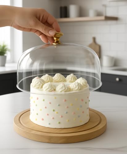 RIGJAK Wood Cake Stand with Acrylic Dome Lid Decorative Cake Display Plate Serving Platter Tray Dessert Stand, Cupcake Holder Cheese Dome with Base for Home Kitchen Baking Use as Salad Punch Bowl - Image 4