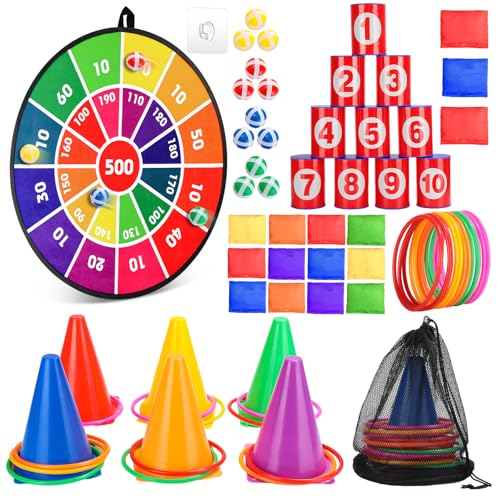 Hungdao 3 Sets Carnival Games Combo Set Dart Board with Balls Plastic Cones Ring Bean Bags Toss Game for Boys Girls Adults Family Birthday Yard Indoor OutdoorClassic Style - Image 1