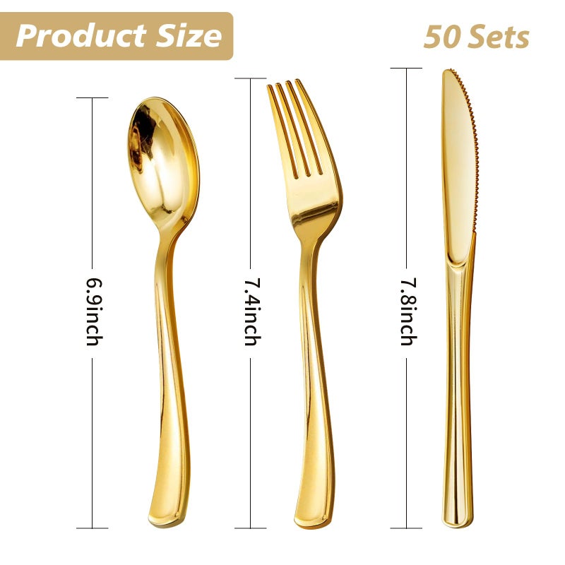 Goodluck 150PCS Gold Plastic Silverware  Gold Utensils Disposable  Plastic Cutlery Set of 50 Forks  50 Spoons  50 Knives for Wedding  Party  Birthday  Holidays - Image 4
