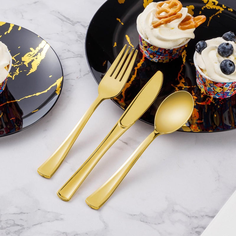 Goodluck 150PCS Gold Plastic Silverware  Gold Utensils Disposable  Plastic Cutlery Set of 50 Forks  50 Spoons  50 Knives for Wedding  Party  Birthday  Holidays - Image 5