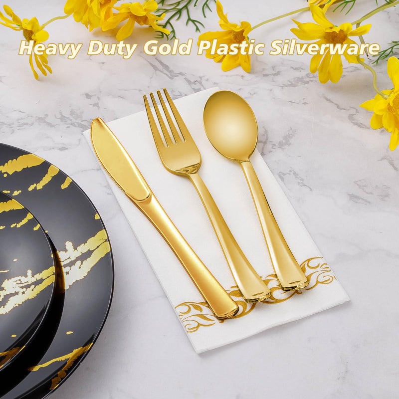 Goodluck 150PCS Gold Plastic Silverware  Gold Utensils Disposable  Plastic Cutlery Set of 50 Forks  50 Spoons  50 Knives for Wedding  Party  Birthday  Holidays - Image 2