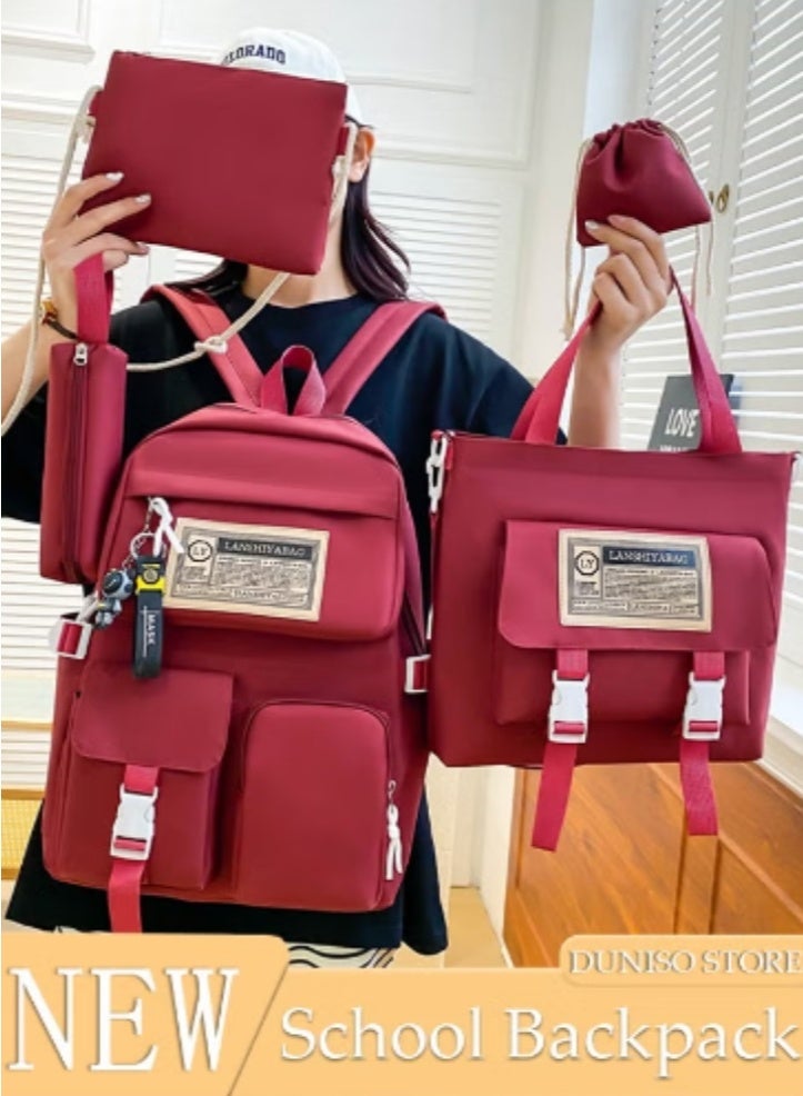 DUNISO Burgundy Minimalist Schoolbag Multi - Piece Set | Retro Hue, Practical and Eye - Catching - Image 1