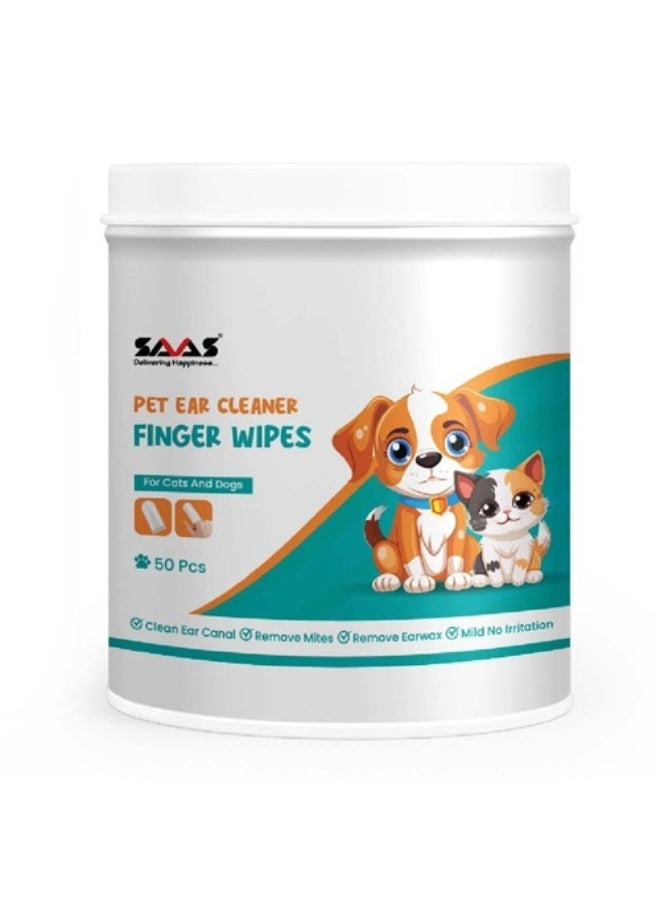 Pet Ear Cleaner Finger Wipes, 50 Pieces, for Cats and Dogs
