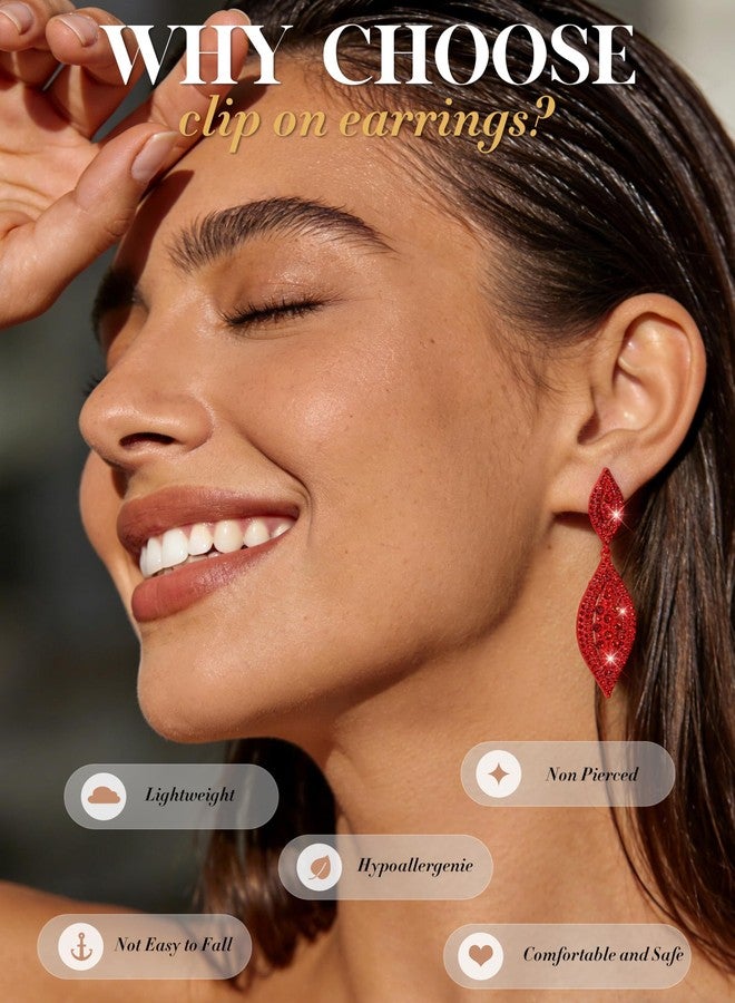 THUNARAZ Clip on Earrings for Women Glitter Rhinestone Crystal Wedding Bridal Earring Non Piercing Dangle Earrings Fashion Jewelry Red - Image 4