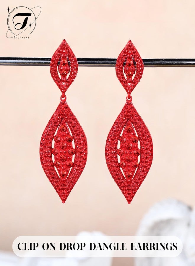 THUNARAZ Clip on Earrings for Women Glitter Rhinestone Crystal Wedding Bridal Earring Non Piercing Dangle Earrings Fashion Jewelry Red - Image 5