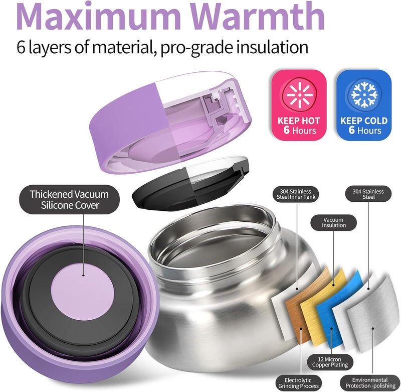 Norxely Bento Box for Kids with Thermos, [Large Capacity] Insulated Kids Lunch Box with 4 Compartment for Ages 3+, Drop-Proof & Dishwasher Safe Lunchbox Container Light Purple - Image 2