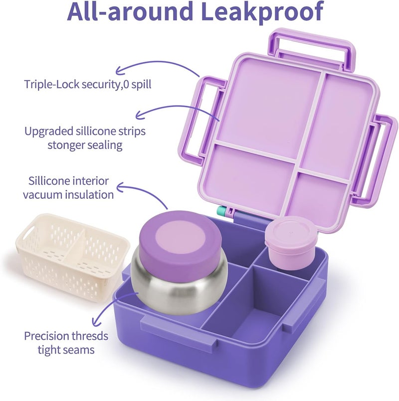 Norxely Bento Box for Kids with Thermos, [Large Capacity] Insulated Kids Lunch Box with 4 Compartment for Ages 3+, Drop-Proof & Dishwasher Safe Lunchbox Container Light Purple - Image 4