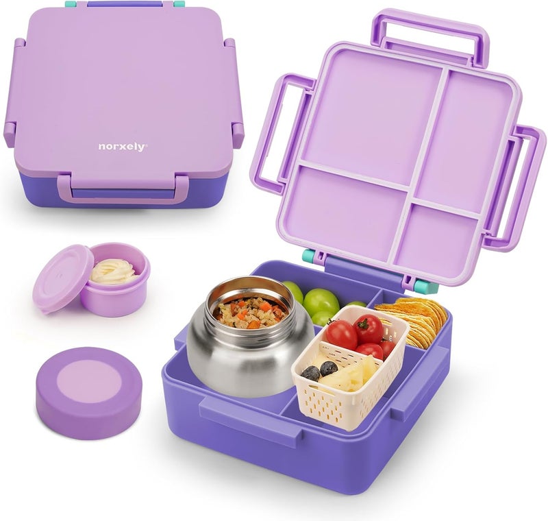 Norxely Bento Box for Kids with Thermos, [Large Capacity] Insulated Kids Lunch Box with 4 Compartment for Ages 3+, Drop-Proof & Dishwasher Safe Lunchbox Container Light Purple - Image 1