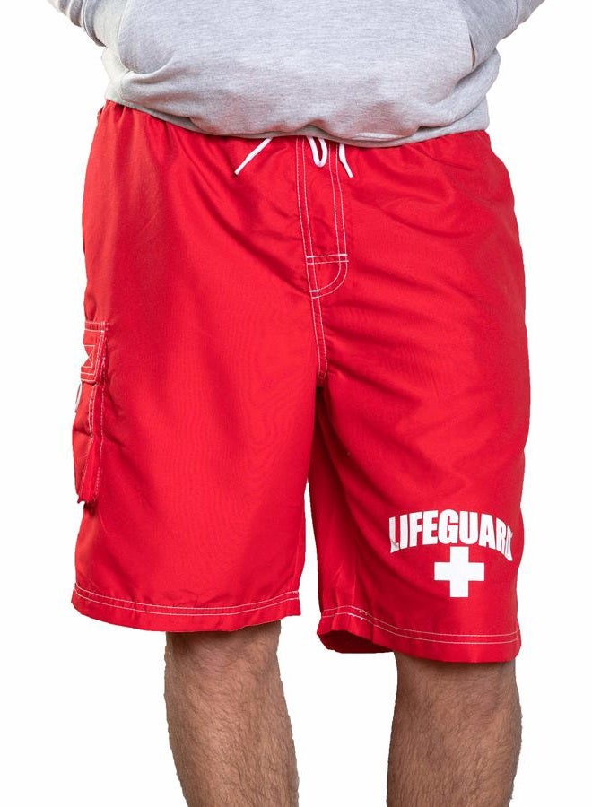 LIFEGUARD Officially Licensed Red Men's Board Shorts Swim Trunks with Side Pocket, Men and Boys, Great for Beach & Pool, Red, M - Image 1