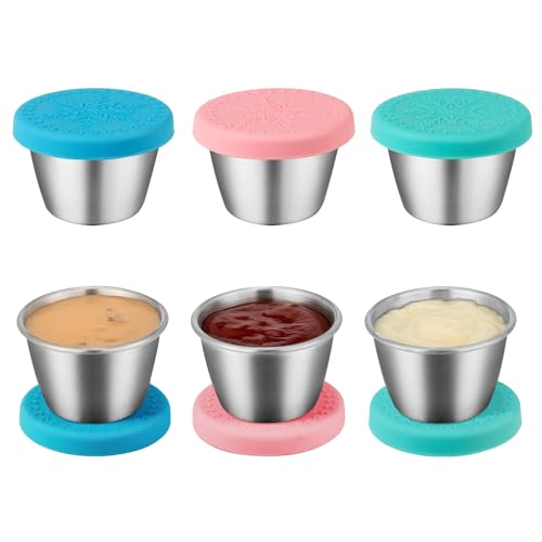 Freshmage [6 Pack 2.4oz] Stainless Steel Dressing Container with Silicone Lids, Reusable Leakproof Condiment Containers Small Sauce Container Sets - Image 1
