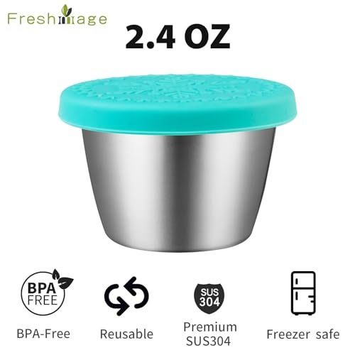 Freshmage [6 Pack 2.4oz] Stainless Steel Dressing Container with Silicone Lids, Reusable Leakproof Condiment Containers Small Sauce Container Sets - Image 2