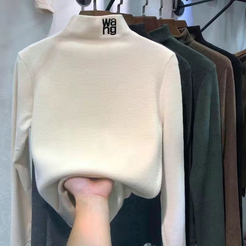 De Rong Slim Fit Half-Turtleneck Warm Base Layer Shirt New Korean Style Long Sleeve T-Shirt Women'S - Image 2