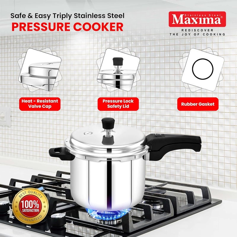 Maxima Triply Stainless Steel Sumo Plus Pressure Cooker Triply Stainless Steel Outer Lid Pressure Cooker Induction Friendly Pressure Cooker 6 Liters