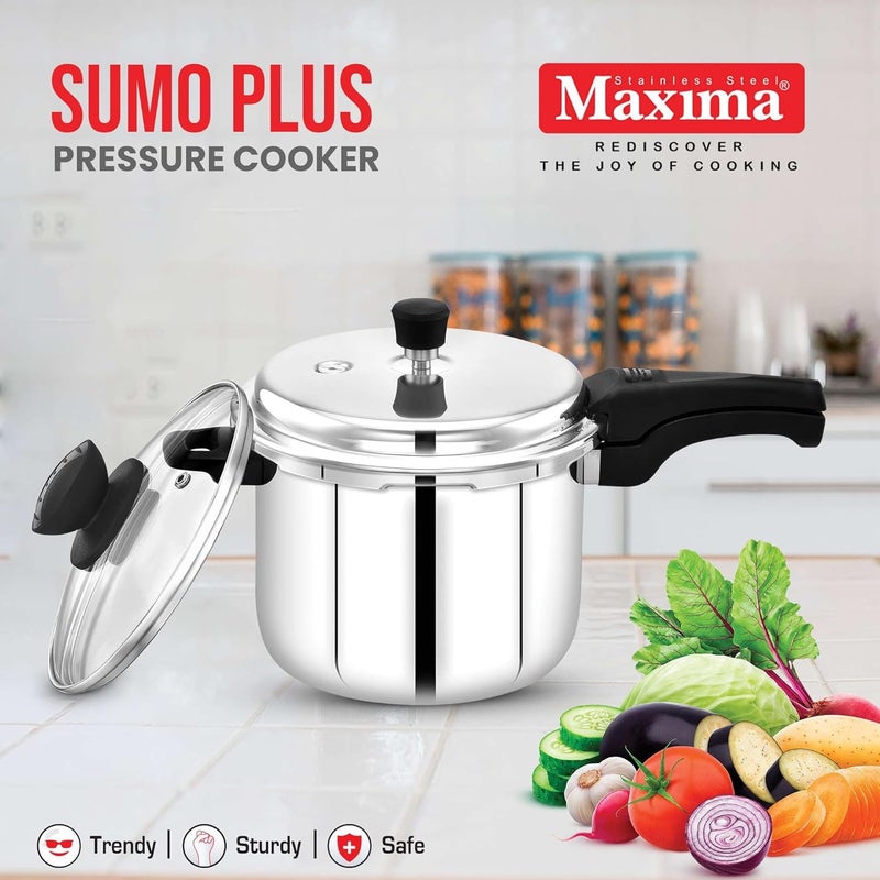 Maxima Triply Stainless Steel Sumo Plus Pressure Cooker Triply Stainless Steel Outer Lid Pressure Cooker Induction Friendly Pressure Cooker 6 Liters