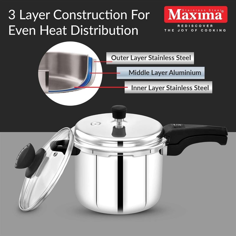 Maxima Triply Stainless Steel Sumo Plus Pressure Cooker Triply Stainless Steel Outer Lid Pressure Cooker Induction Friendly Pressure Cooker 6 Liters