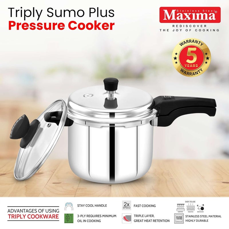 Maxima Triply Stainless Steel Sumo Plus Pressure Cooker Triply Stainless Steel Outer Lid Pressure Cooker Induction Friendly Pressure Cooker 6 Liters