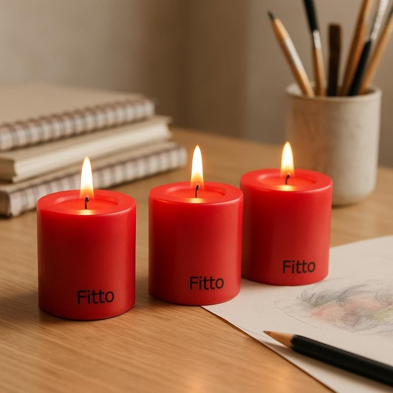 Fitto Pillar Candle Red Unscented 3 Piece Set 5x5cm for Home Decor, Weddings, Events & Relaxation - Image 2