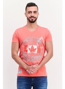 Canadian Peak Men V Neck Short Sleeves Embroidered T-Shirts, Coral  - Image 1