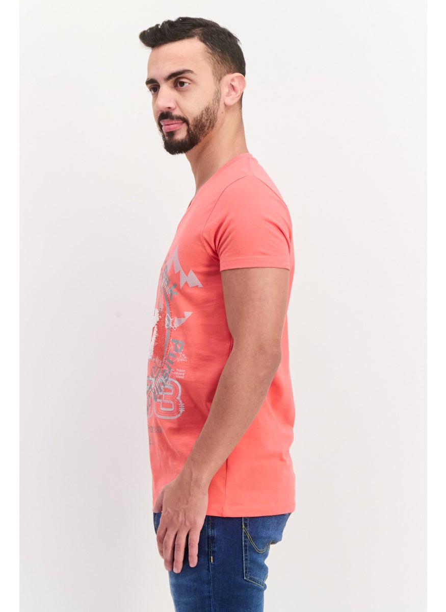 Canadian Peak - Men V Neck Short Sleeves Embroidered T-Shirts, Coral - Image 1