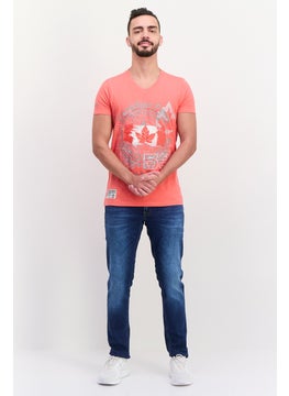Canadian Peak Men V Neck Short Sleeves Embroidered T-Shirts, Coral  - Image 4