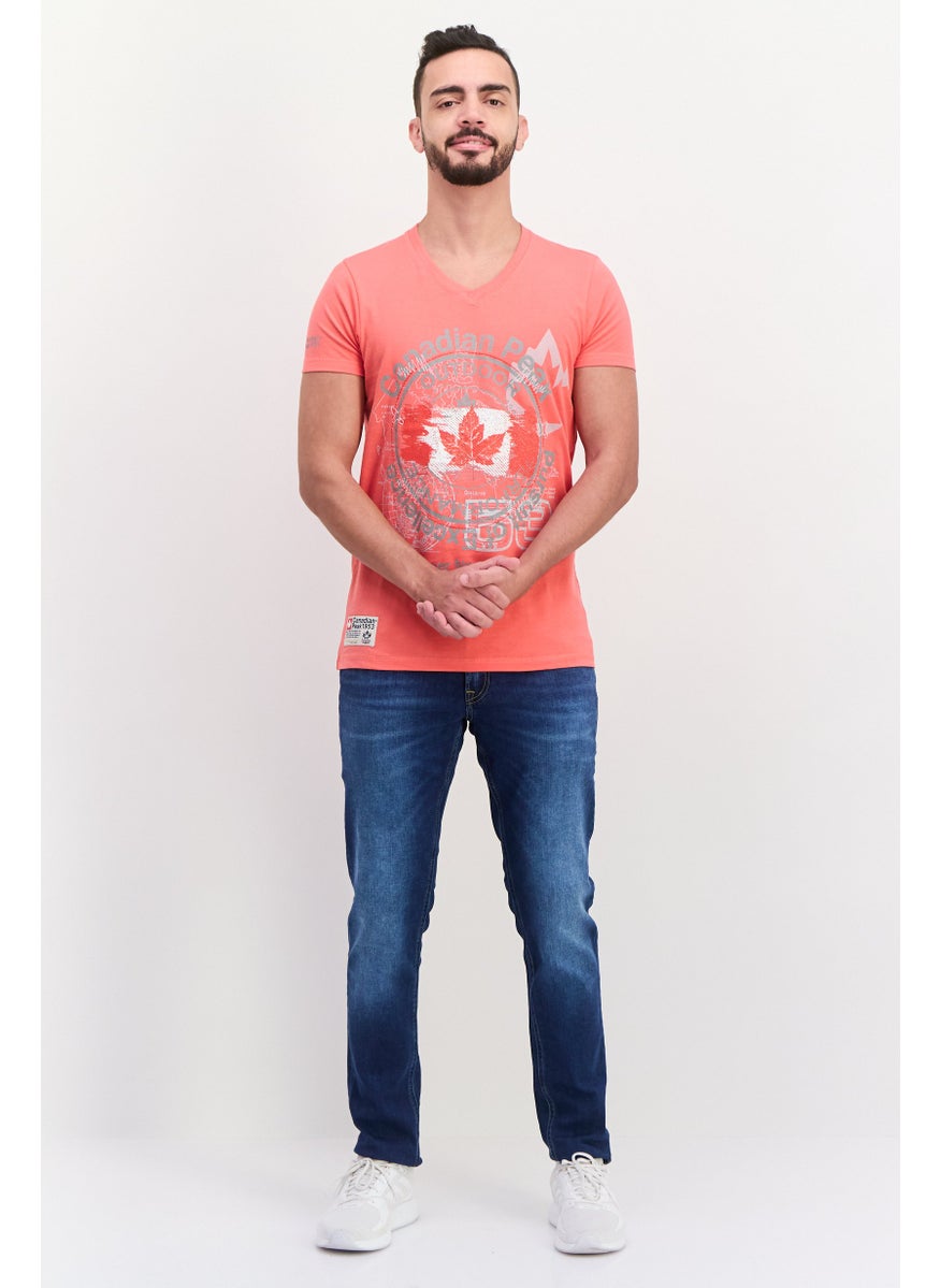 Canadian Peak - Men V Neck Short Sleeves Embroidered T-Shirts, Coral - Image 1