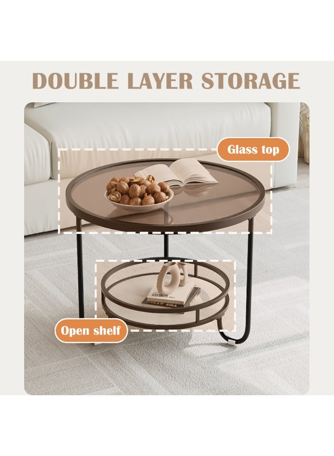 Generic Round Coffee Table, Double Layer Coffee Table, Open Storage Shelf Glass Top and Metal Frame for Living Room Bedroom, Modern Sofa Side Table End Table Small Tea Table for Home Office, JJT (White)  - Image 4