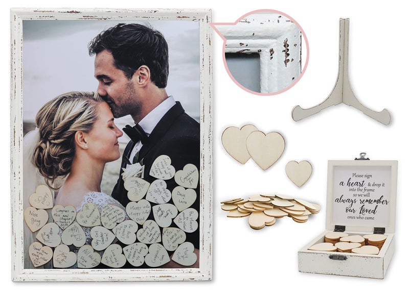 PMPX PMPX Wedding Guest Book Alternative Vintage Drop Top Frame with Stand 90 Wood Hearts Matching Box with Message Inside The Lid Weddings Bridal or Baby Shower Anniversary or Special Event 