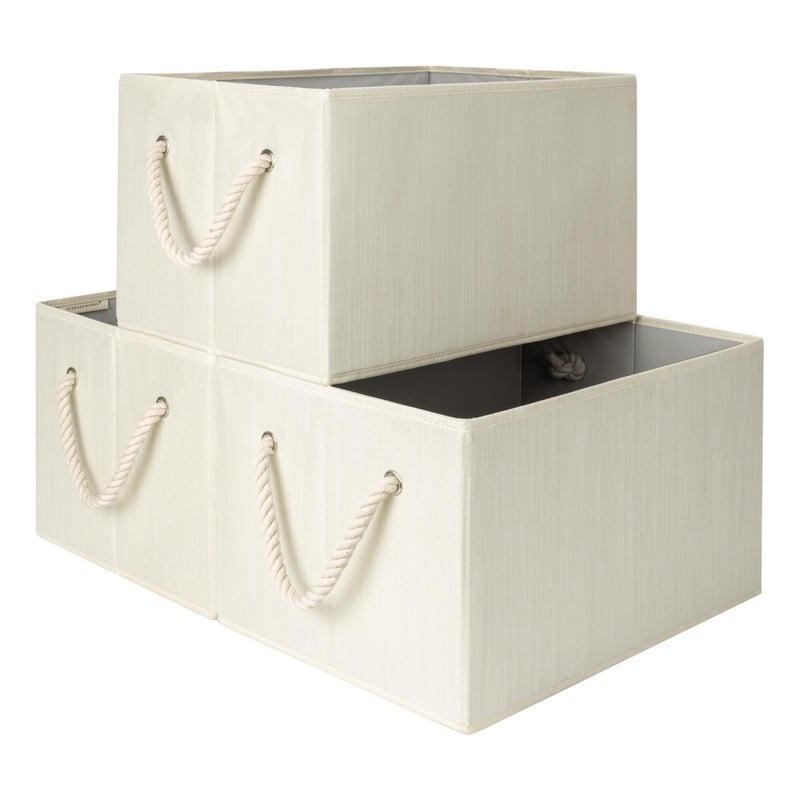 StorageWorks Storage Baskets for Shelves Foldable Fabric Closet Storage Bins with Handles Fabric Storage Bins Clothes Organizer Beige White  Ivory 3Pack Large - Image 1