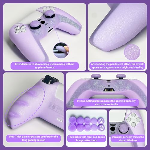HLRAO Purple Glitter Anti-Slip Protective Silicone Cover Skin Compatible with PS5/Slim/Pro Controller,8 PCS Glitter Thumb Grips Caps and 2 Grips Caps. - Image 5