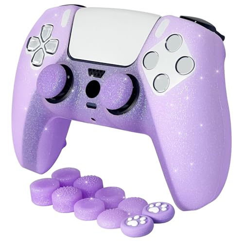 HLRAO Purple Glitter Anti-Slip Protective Silicone Cover Skin Compatible with PS5/Slim/Pro Controller,8 PCS Glitter Thumb Grips Caps and 2 Grips Caps. - Image 1