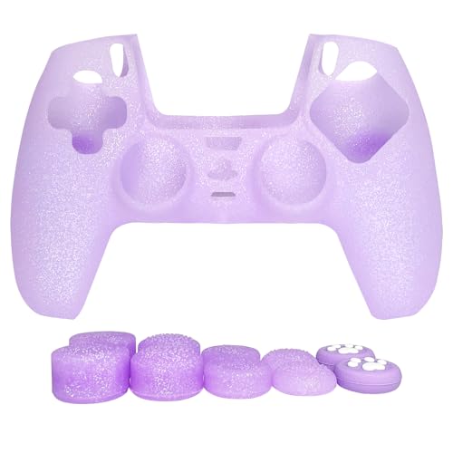 HLRAO Purple Glitter Anti-Slip Protective Silicone Cover Skin Compatible with PS5/Slim/Pro Controller,8 PCS Glitter Thumb Grips Caps and 2 Grips Caps. - Image 2