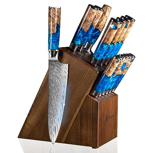 Senken Knives SENKEN 15-Piece Damascus Knife Block Set - "Tsunami" Collection Japanese Chef Knife Set - 67-Layer Japanese VG10 Steel Blades, Includes Chef Knife, Cleaver, 6 Steak Knives (15-Piece Knife Block Set) - Image 1