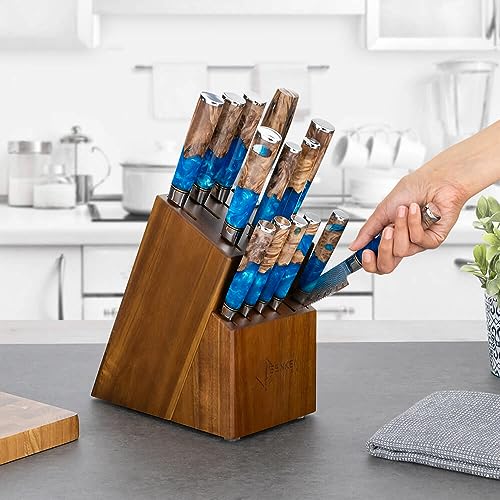 Senken Knives SENKEN 15-Piece Damascus Knife Block Set - "Tsunami" Collection Japanese Chef Knife Set - 67-Layer Japanese VG10 Steel Blades, Includes Chef Knife, Cleaver, 6 Steak Knives (15-Piece Knife Block Set) - Image 2