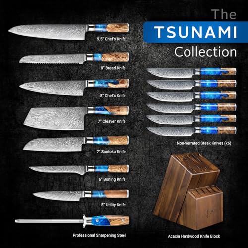 Senken Knives SENKEN 15-Piece Damascus Knife Block Set - "Tsunami" Collection Japanese Chef Knife Set - 67-Layer Japanese VG10 Steel Blades, Includes Chef Knife, Cleaver, 6 Steak Knives (15-Piece Knife Block Set) - Image 3