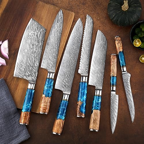Senken Knives SENKEN 15-Piece Damascus Knife Block Set - "Tsunami" Collection Japanese Chef Knife Set - 67-Layer Japanese VG10 Steel Blades, Includes Chef Knife, Cleaver, 6 Steak Knives (15-Piece Knife Block Set) - Image 4