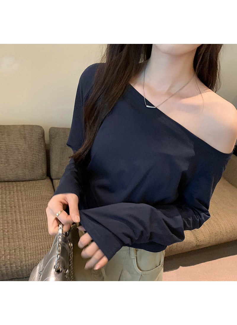 Womens Off-The-Shoulder T-Shirt New Style Early Autumn 2024 Inner Base Layer Top Beautiful Unique Real Photo Graph Navy blue