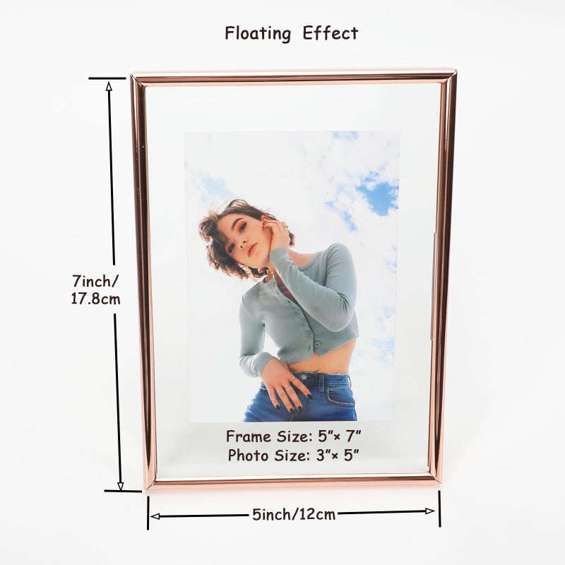 AhaGo Rose Gold Floating Frame (5""x7"" Vertical) with Heart   For Picture Sizes (4x6 3x5  2x3)  Modern Minimalist Style Frame  Classy Gift For Christmas  Home or Wedding - Image 2