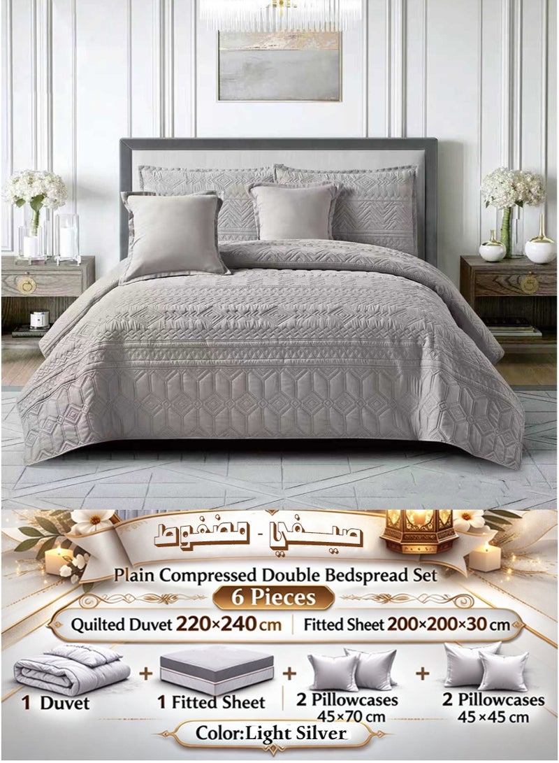 Miral Plain Compressed Double Bedspread Set – 6 Pieces – Quilted Duvet 220×240 cm with Fitted Sheet 200×200×30 cm - Image 1