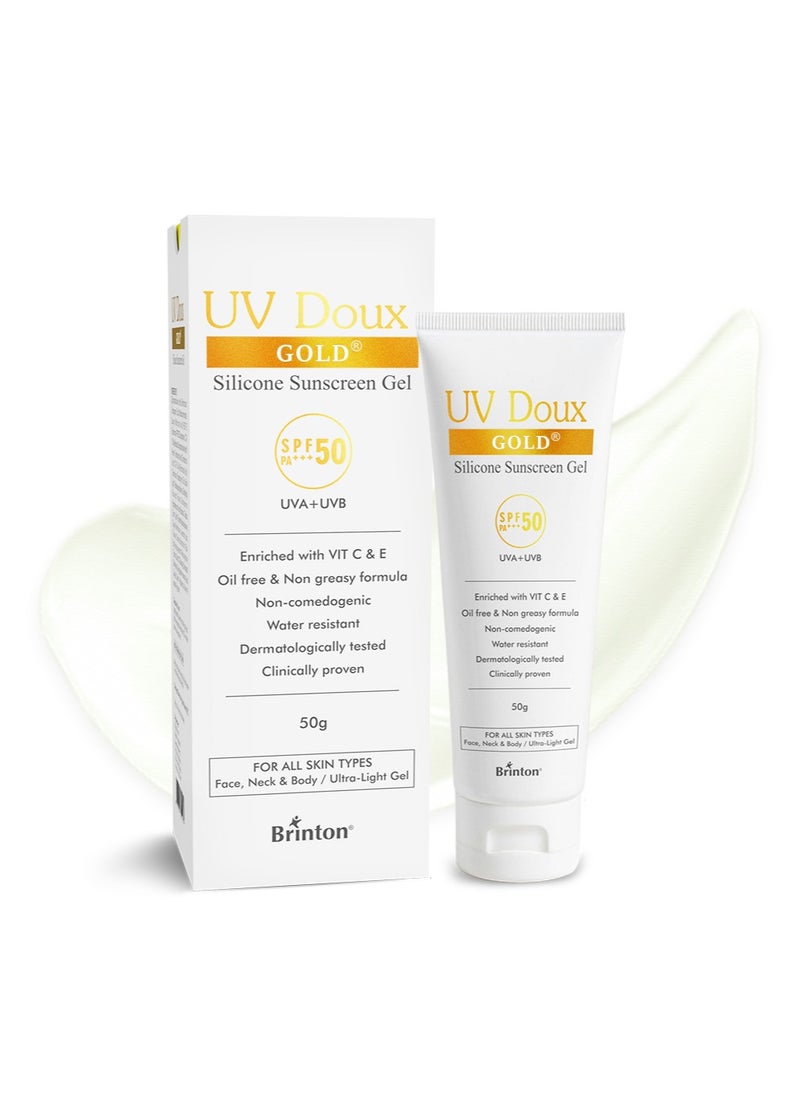 بريتون جل الحماية من الشمس UV Doux Gold لمكافحة الشيخوخة مع الحماية من الشمس | عامل حماية من الشمس SPF 50 وPA+++ واسع النطاق | غني بمضادات الأكسدة مثل فيتامين C وE | لمسة نهائية غير لامعة | مقاوم للماء وغير دهني | لجميع أنواع البشرة، 50 جرام  - Image 1