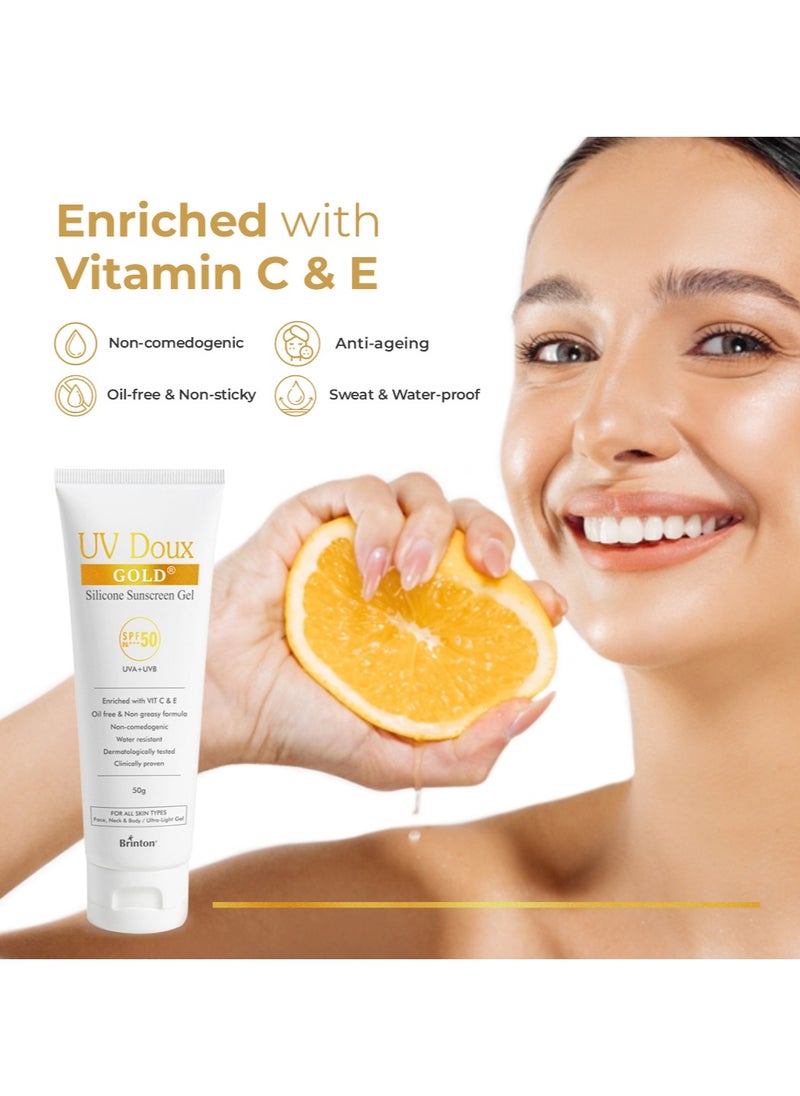 بريتون جل الحماية من الشمس UV Doux Gold لمكافحة الشيخوخة مع الحماية من الشمس | عامل حماية من الشمس SPF 50 وPA+++ واسع النطاق | غني بمضادات الأكسدة مثل فيتامين C وE | لمسة نهائية غير لامعة | مقاوم للماء وغير دهني | لجميع أنواع البشرة، 50 جرام  - Image 3