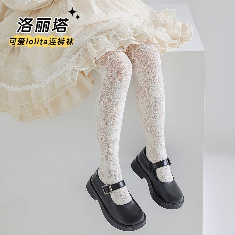Children'S Pantyhose Love Thin Hollow Mesh Leggings White Lolita Style Baby Western Style Lace Pantyhose - Image 1